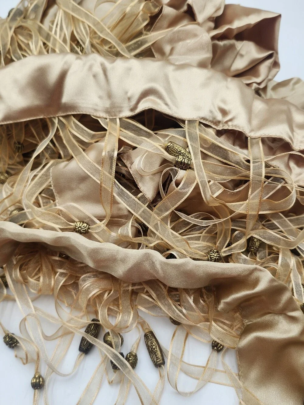 2 Vintage Curtain Beaded sheer panel brass bead ornate 86